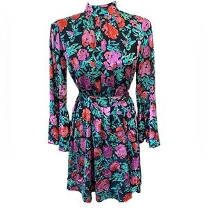 Forever Unique Brocade Floral Vibrant Mini Dress with Mock Neck Bell Sleeve- 6